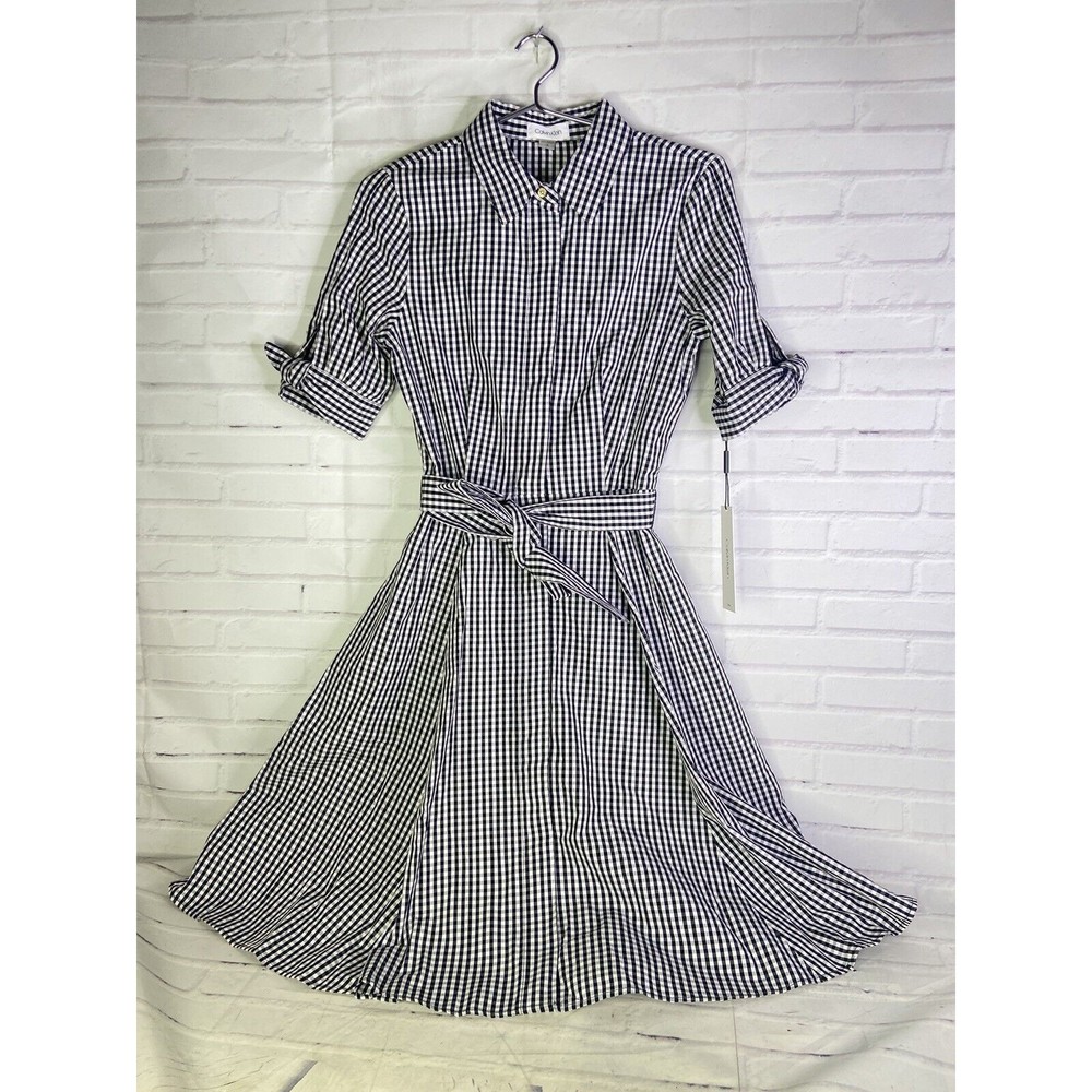 Calvin Klein Gingham Plaid Cotton Button Front Shirt Dress Black White Size 2